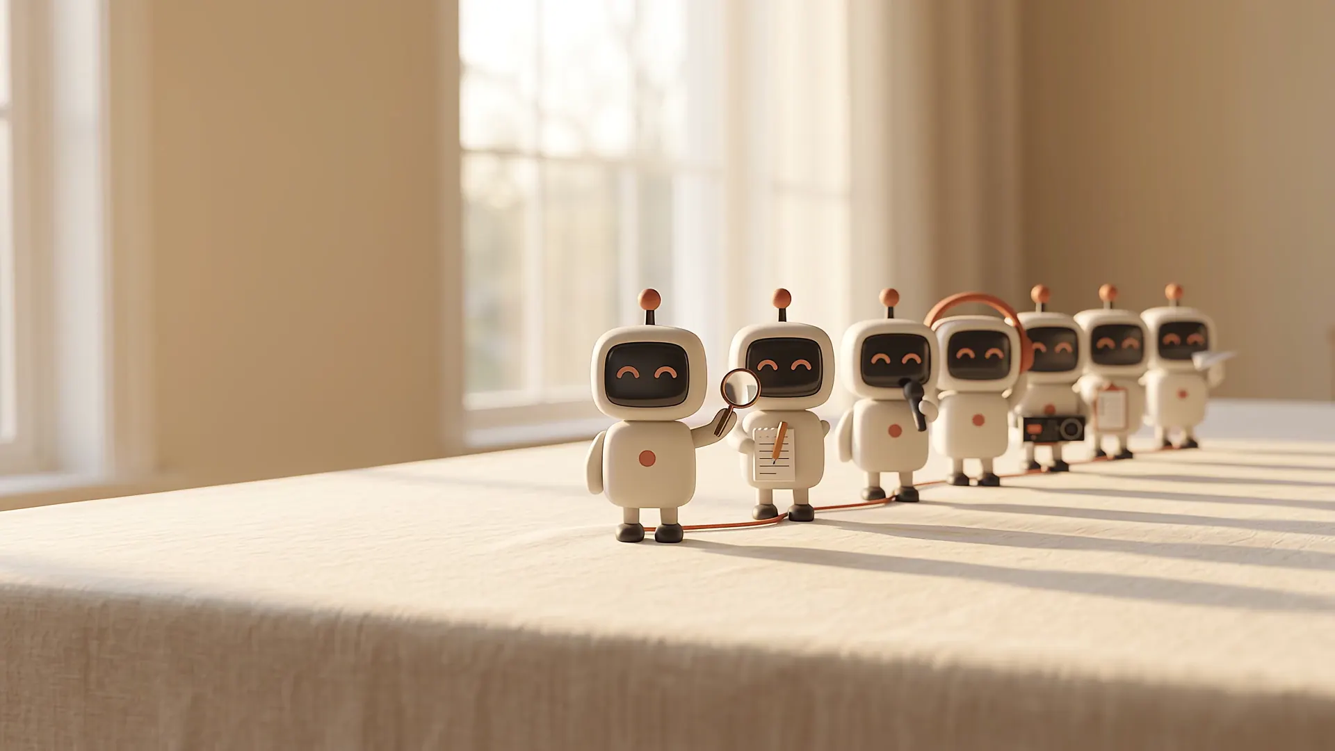 Siete pequeños robots de cerámica en fila sobre una mesa de lino, con luz dorada de tarde